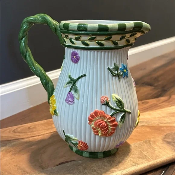 Floral Ceramic Pitcher with Green Handle, NWOTB - Picture 3 of 7
